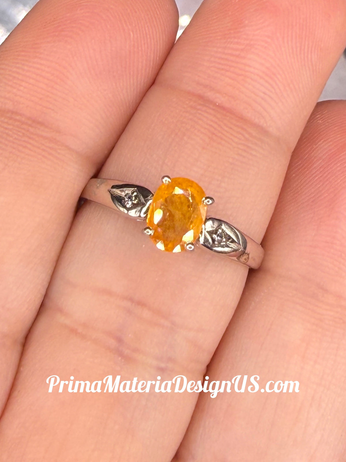 Vintage - Natural Yellow Sapphire Oval and Diamond Solid Silver Ring - Size 7.5