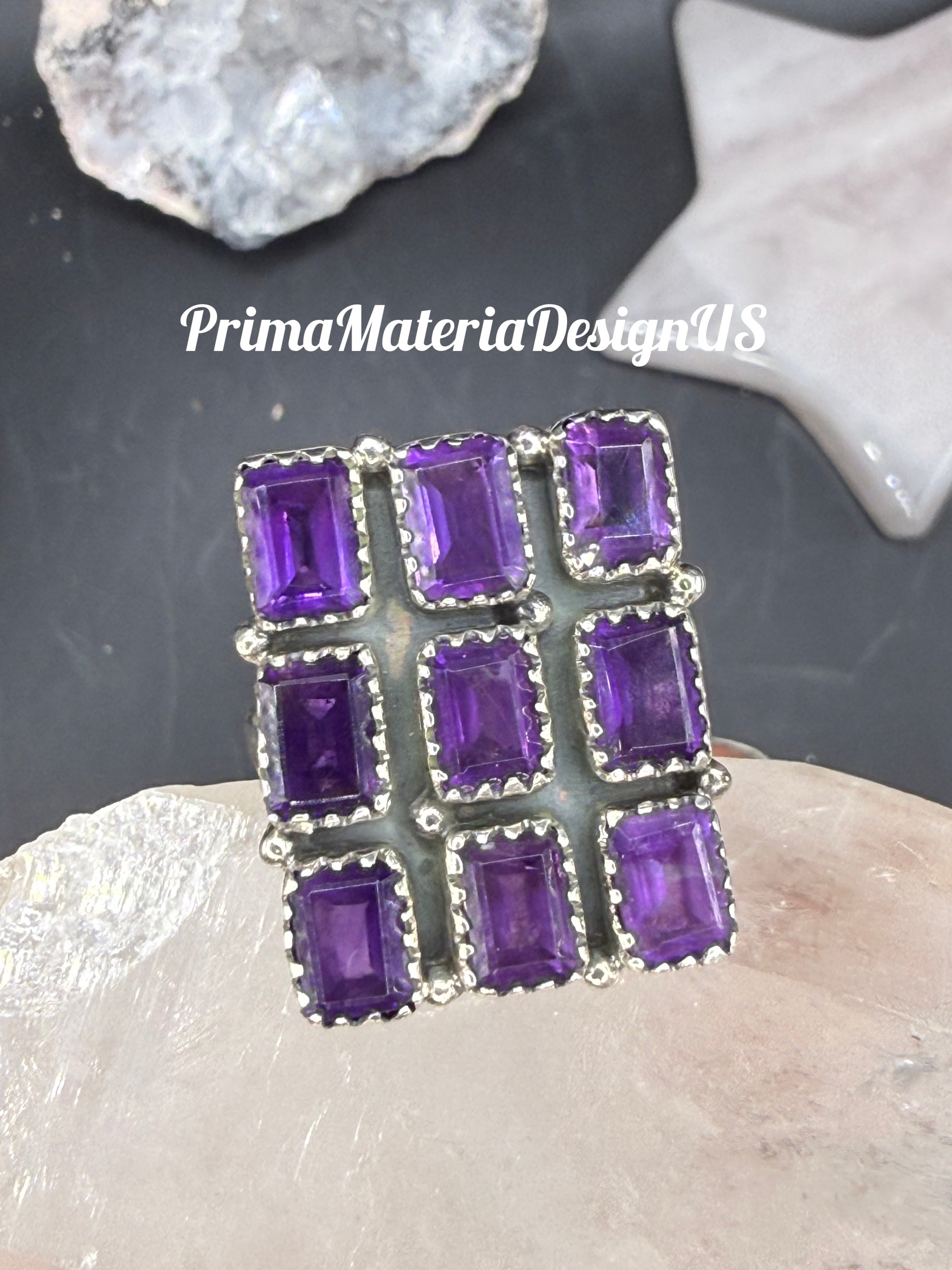 New - 9 Stone Natural Amethyst Sterling Silver Statement Ring - Size 10