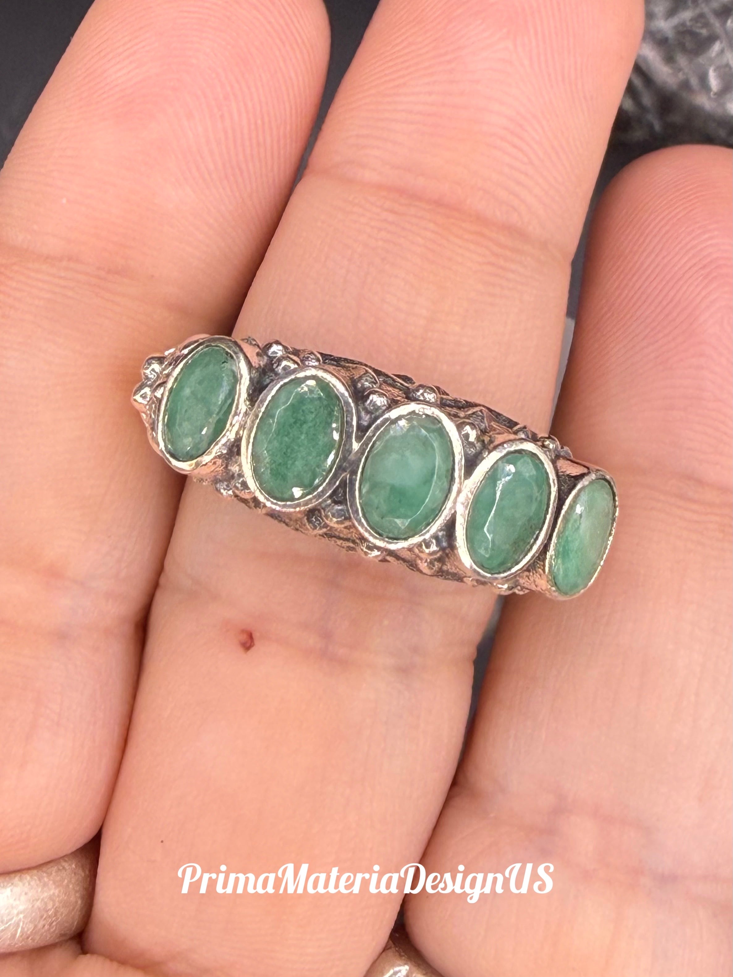 Vintage - 5 Stone Genuine Emerald and Sterling Silver Ring - Size 10