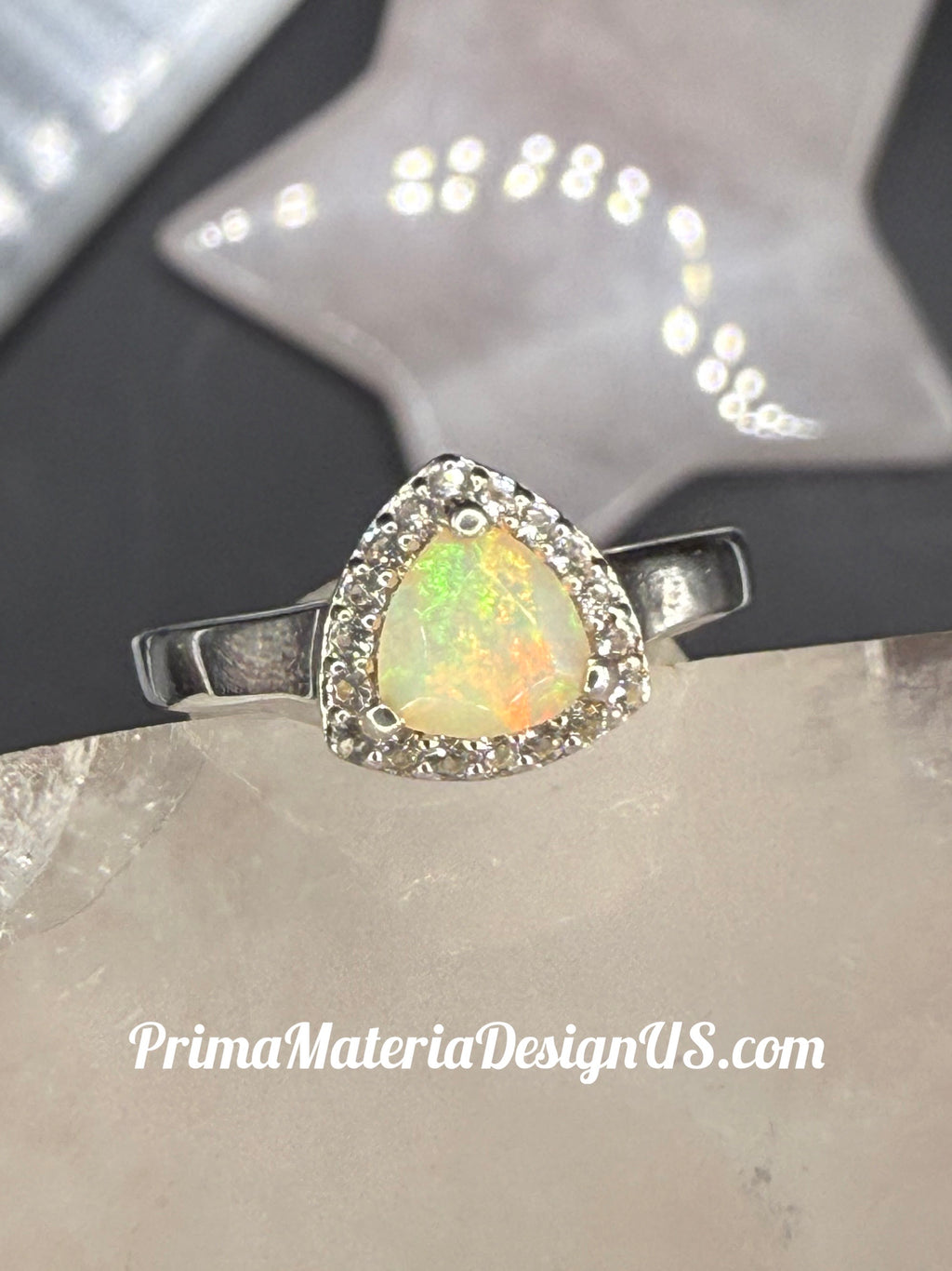 NEW - .76 Carat Trillion Shape Ethiopian Opal Solid Silver Halo Ring - Local Jeweler Made - Size 7