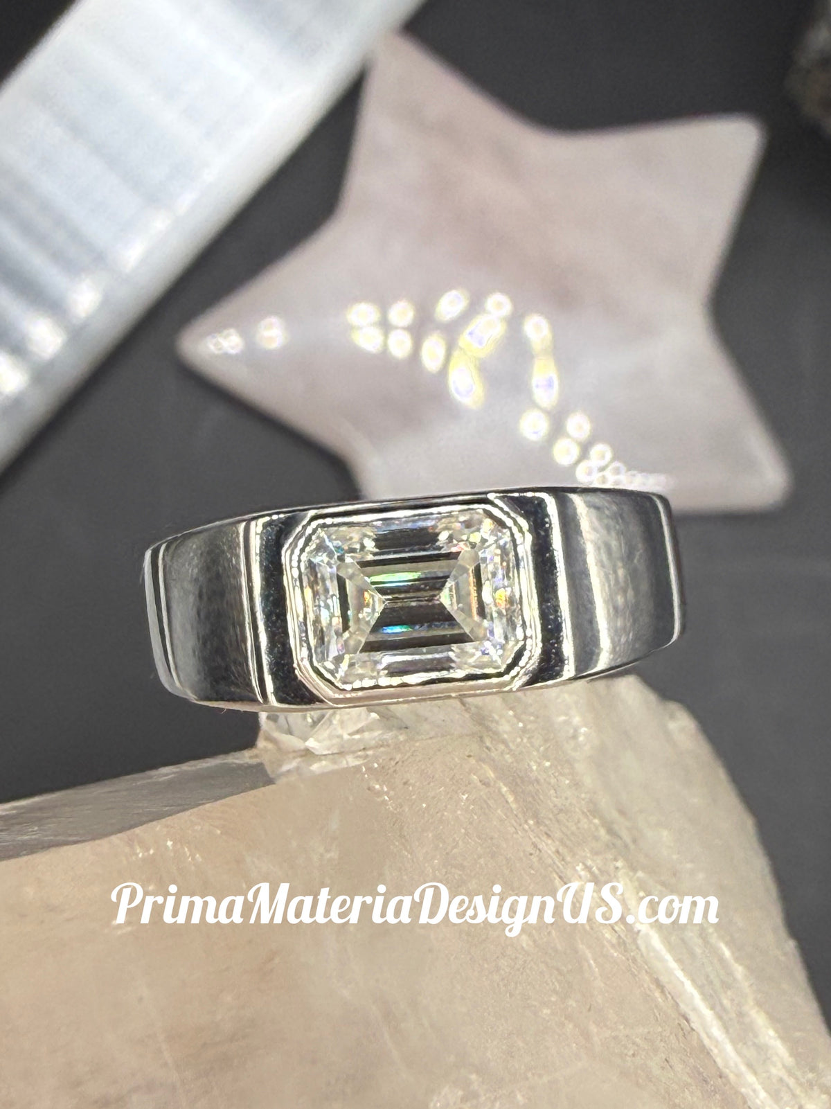 NEW - 1.75 Carat Emerald Cut Moissanite Solitaire Solid Silver Unisex Band - Size 11