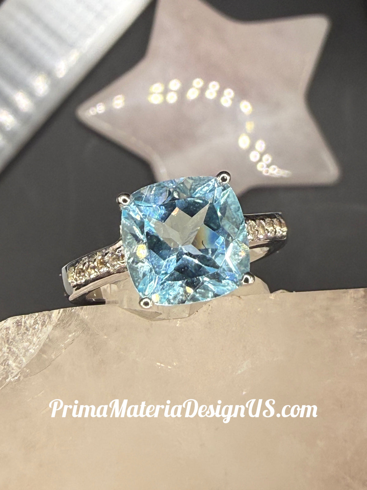 NEW - 4.62 Carat Natural Blue Topaz Solid Silver Statement Ring - Local Jeweler Made - Size 8