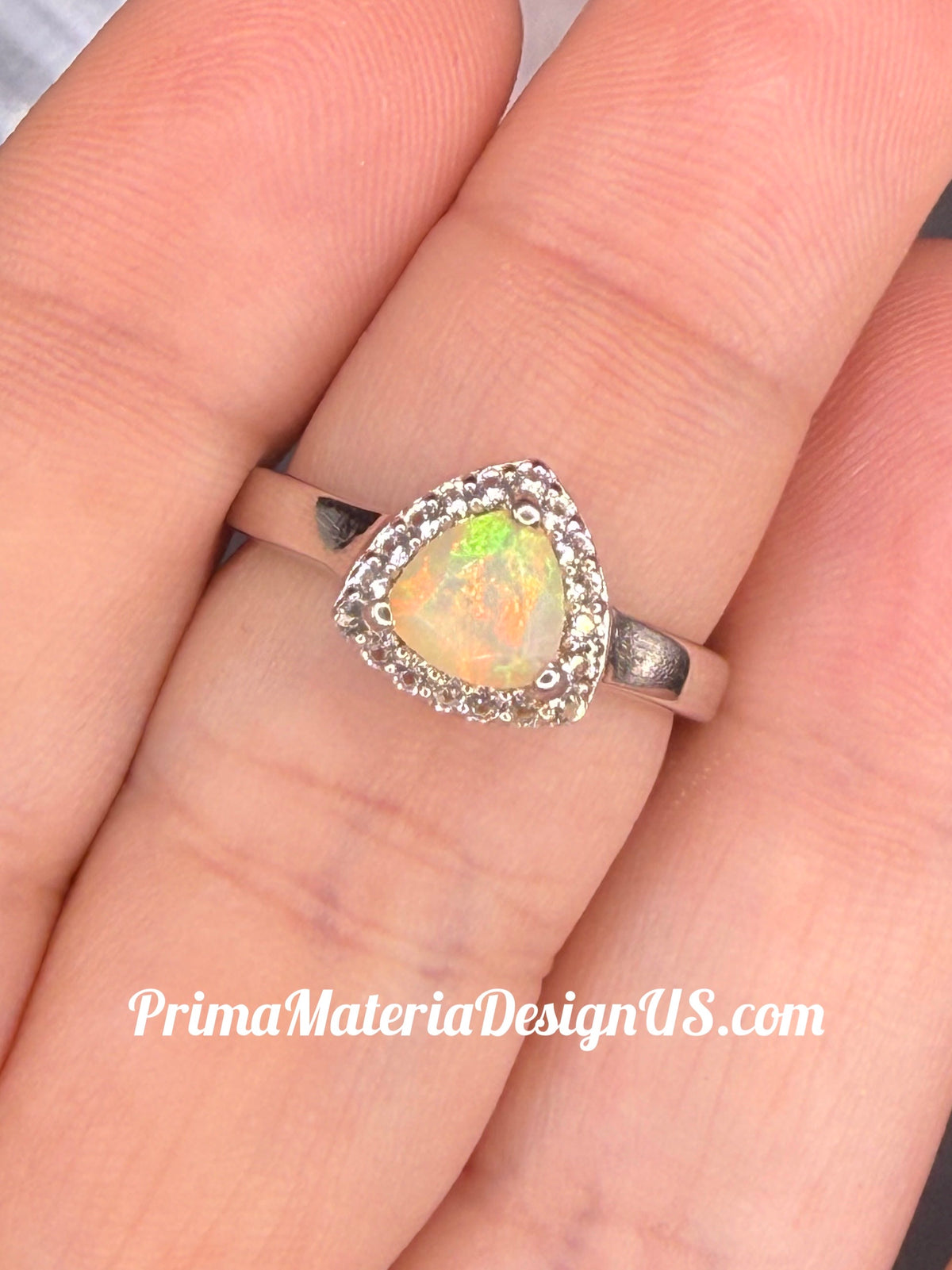 NEW - .76 Carat Trillion Shape Ethiopian Opal Solid Silver Halo Ring - Local Jeweler Made - Size 7
