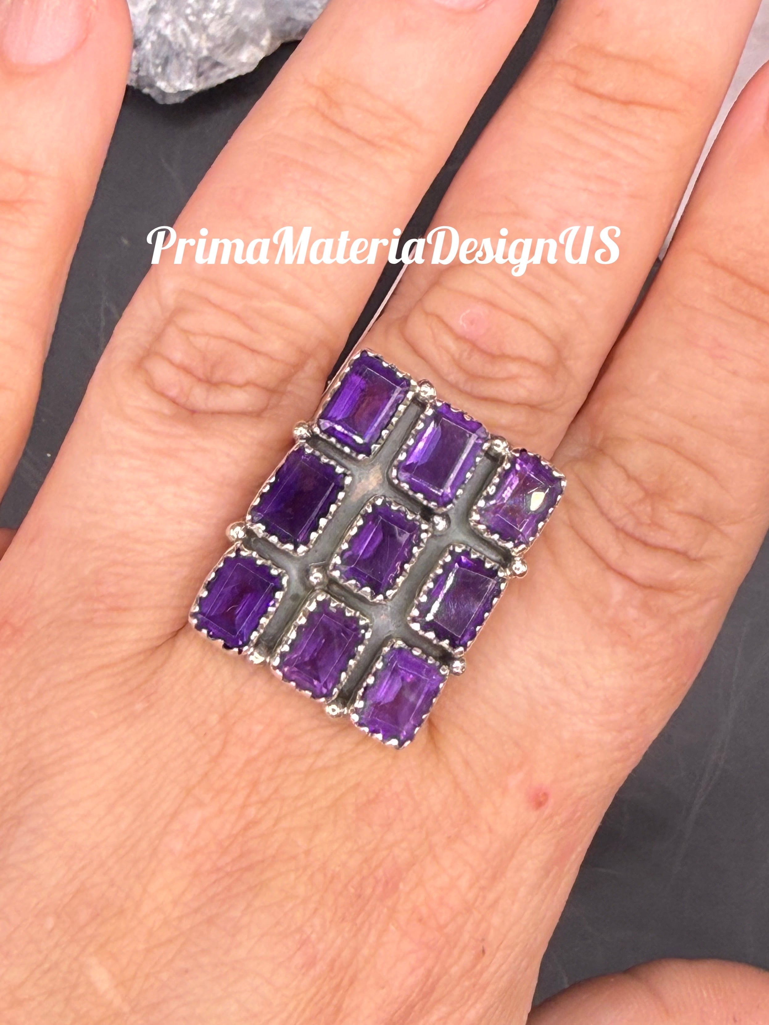 New - 9 Stone Natural Amethyst Sterling Silver Statement Ring - Size 10