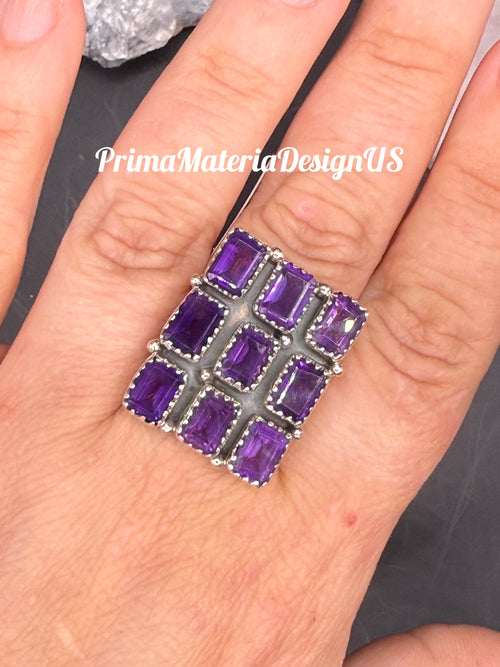 New - 9 Stone Natural Amethyst Sterling Silver Statement Ring - Size 10