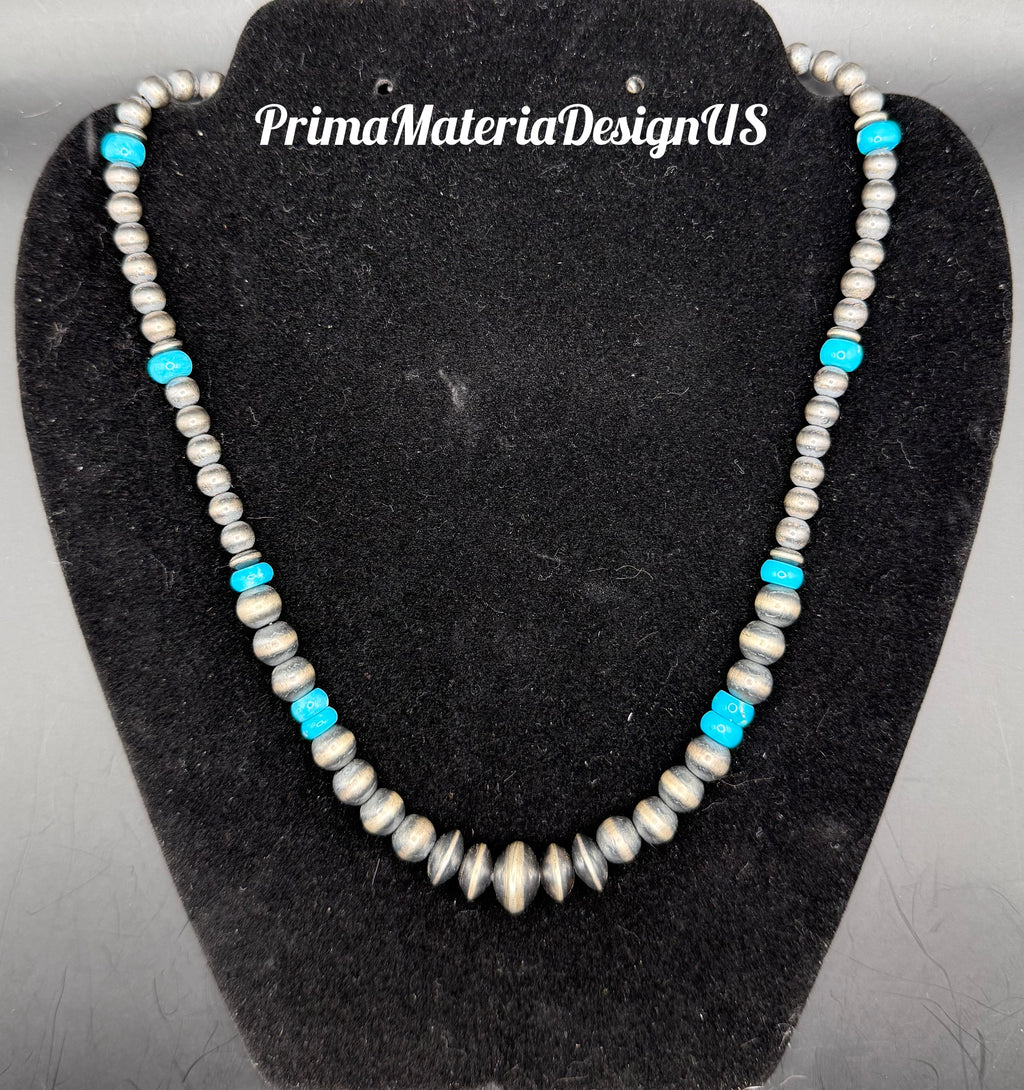 New - Genuine Sterling Silver Desert Pearls and Arizona Kingman Turquoise Necklace 18”-20”