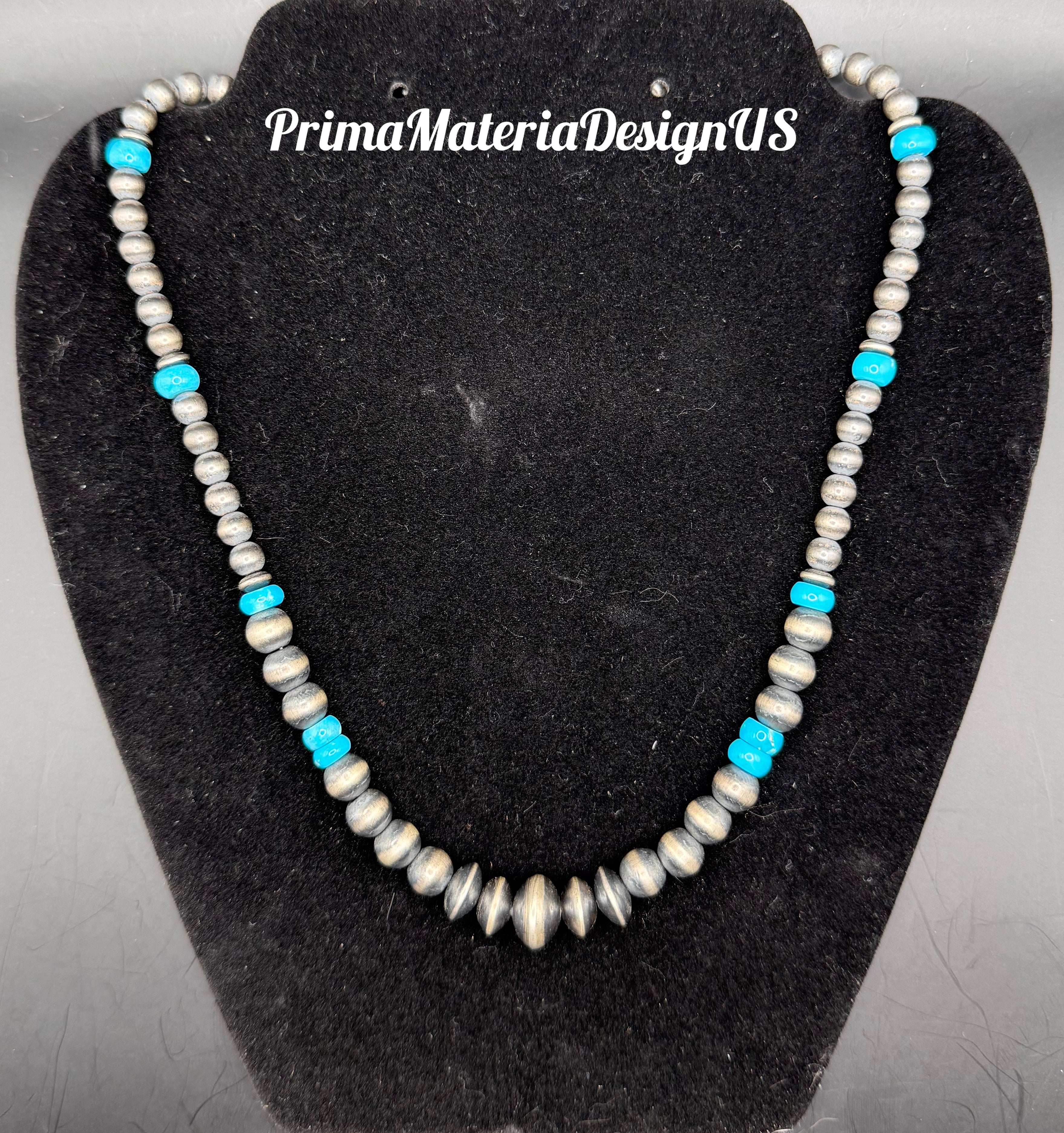 New - Genuine Sterling Silver Desert Pearls and Arizona Kingman Turquoise Necklace 18”-20”