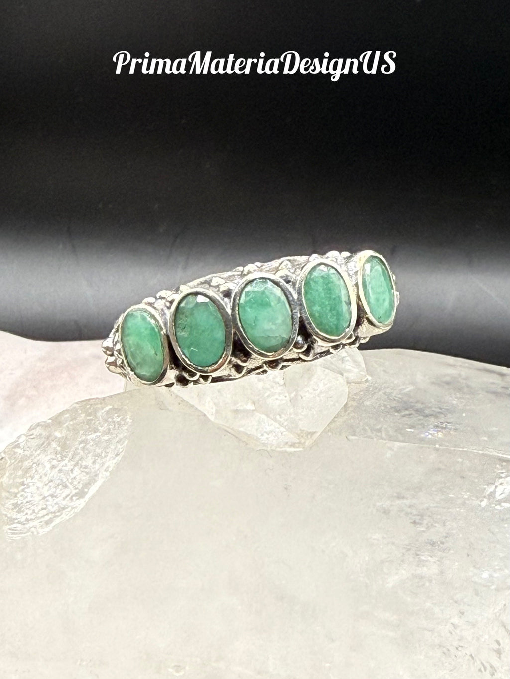 Vintage - 5 Stone Genuine Emerald and Sterling Silver Ring - Size 10