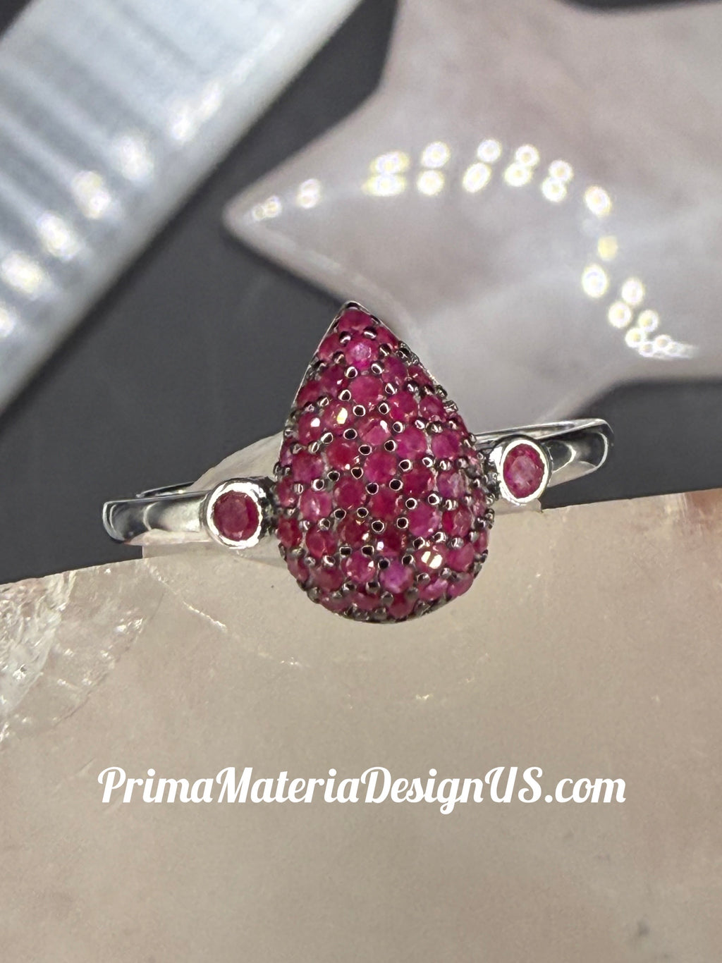 NEW - Natural Ruby Pave Set Drip Solid Silver Ring - Size 8