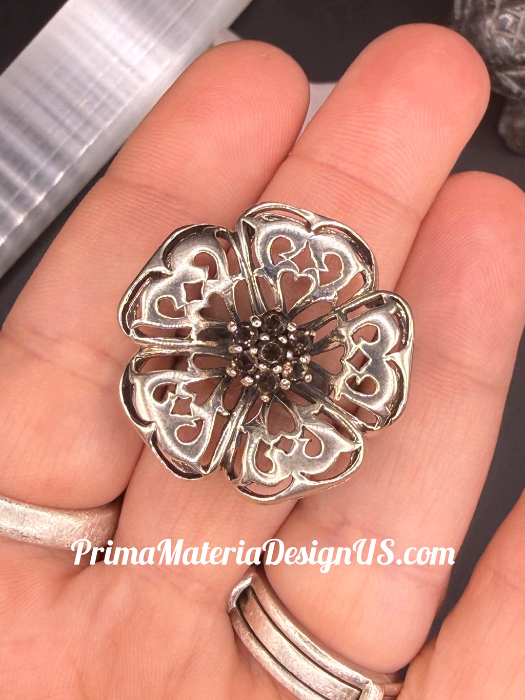 NEW - Large Sterling Silver Flower Statement Ring with Champagne CZ - Size 8