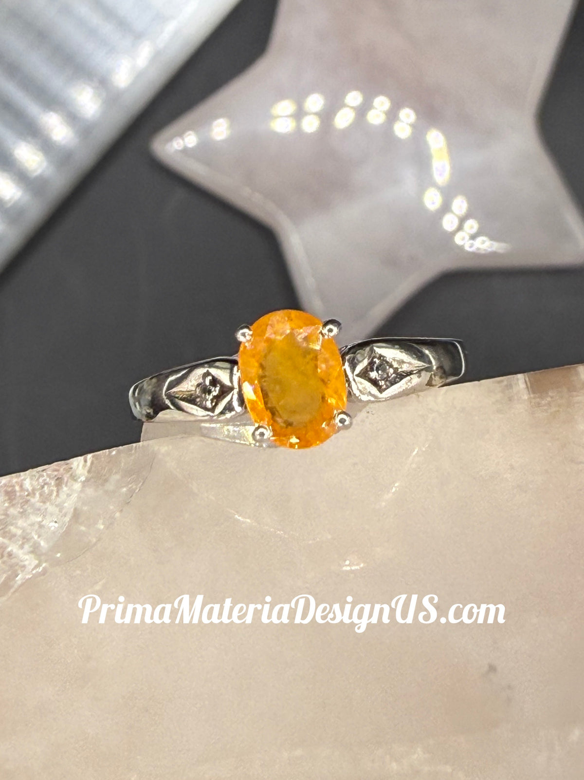 Vintage - Natural Yellow Sapphire Oval and Diamond Solid Silver Ring - Size 7.5