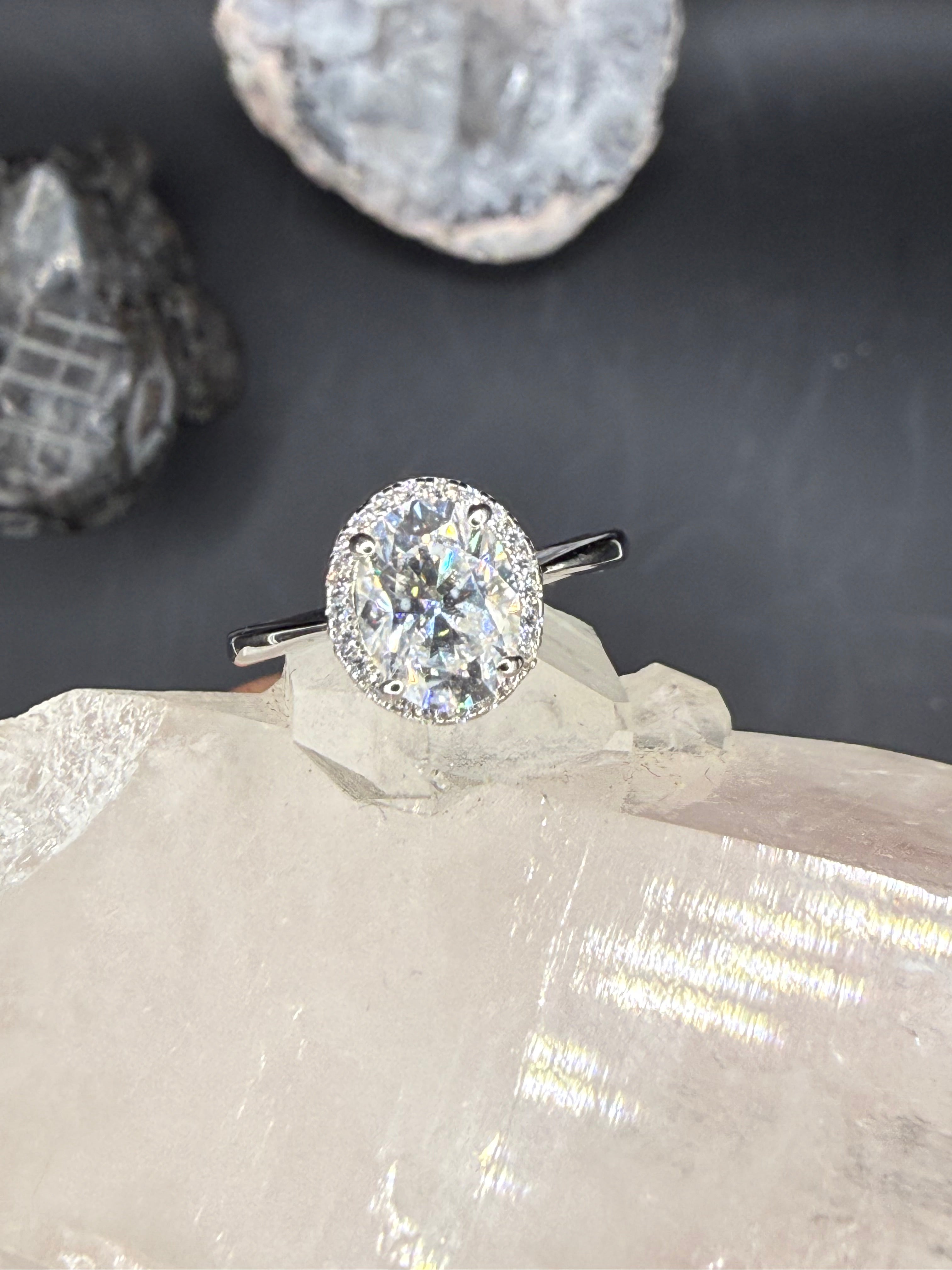 New - 1.61 Carat twt Oval Halo Moissanite Sterling Silver Engagement Ring - Size 5