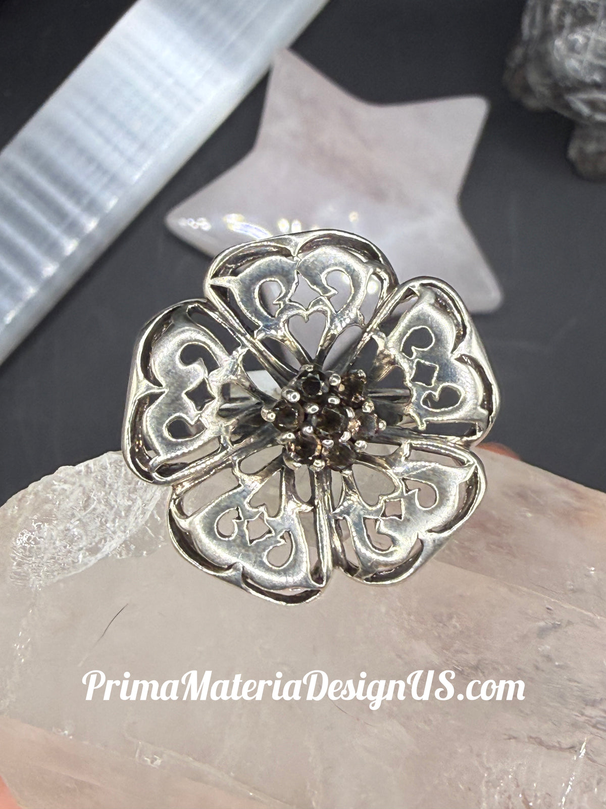 NEW - Large Sterling Silver Flower Statement Ring with Champagne CZ - Size 8