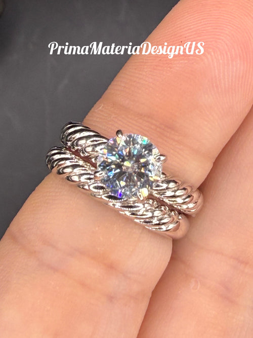 New - 1.2 Carat Brilliant Round Moissanite Sterling Silver Twisted Band Engagement Set - Size 6