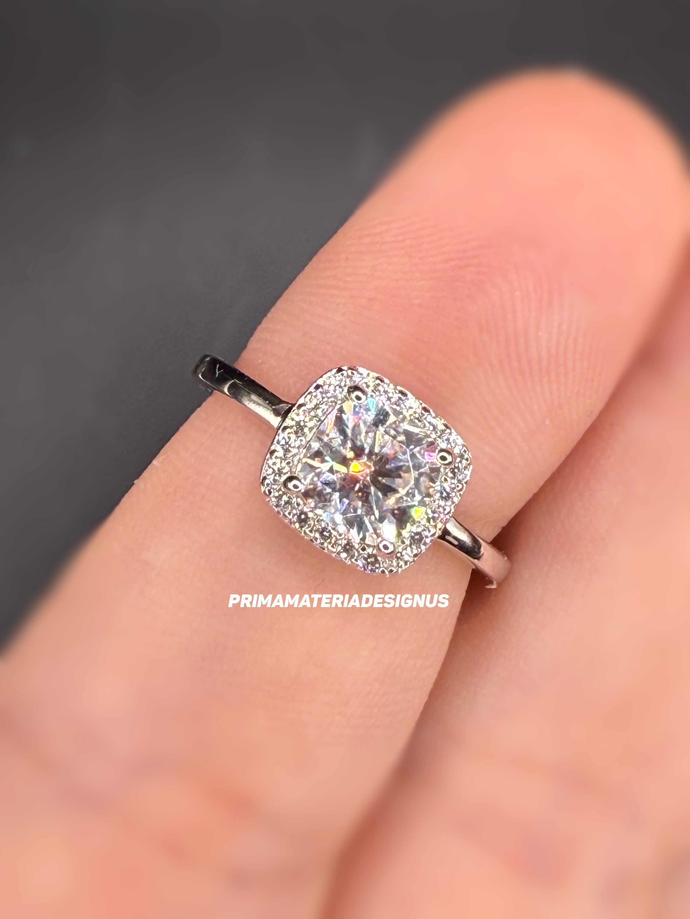 New - 1.35 Carat Cushion Cut Moissanite Sterling Silver Halo Engagement Ring - Size 5 and 9