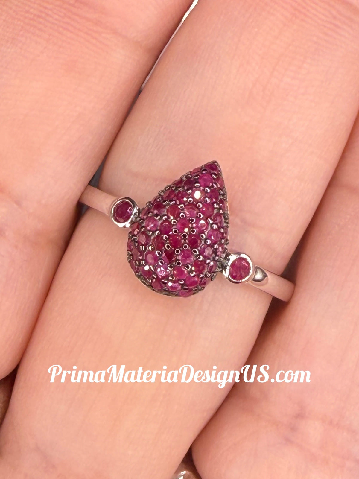 NEW - Natural Ruby Pave Set Drip Solid Silver Ring - Size 8