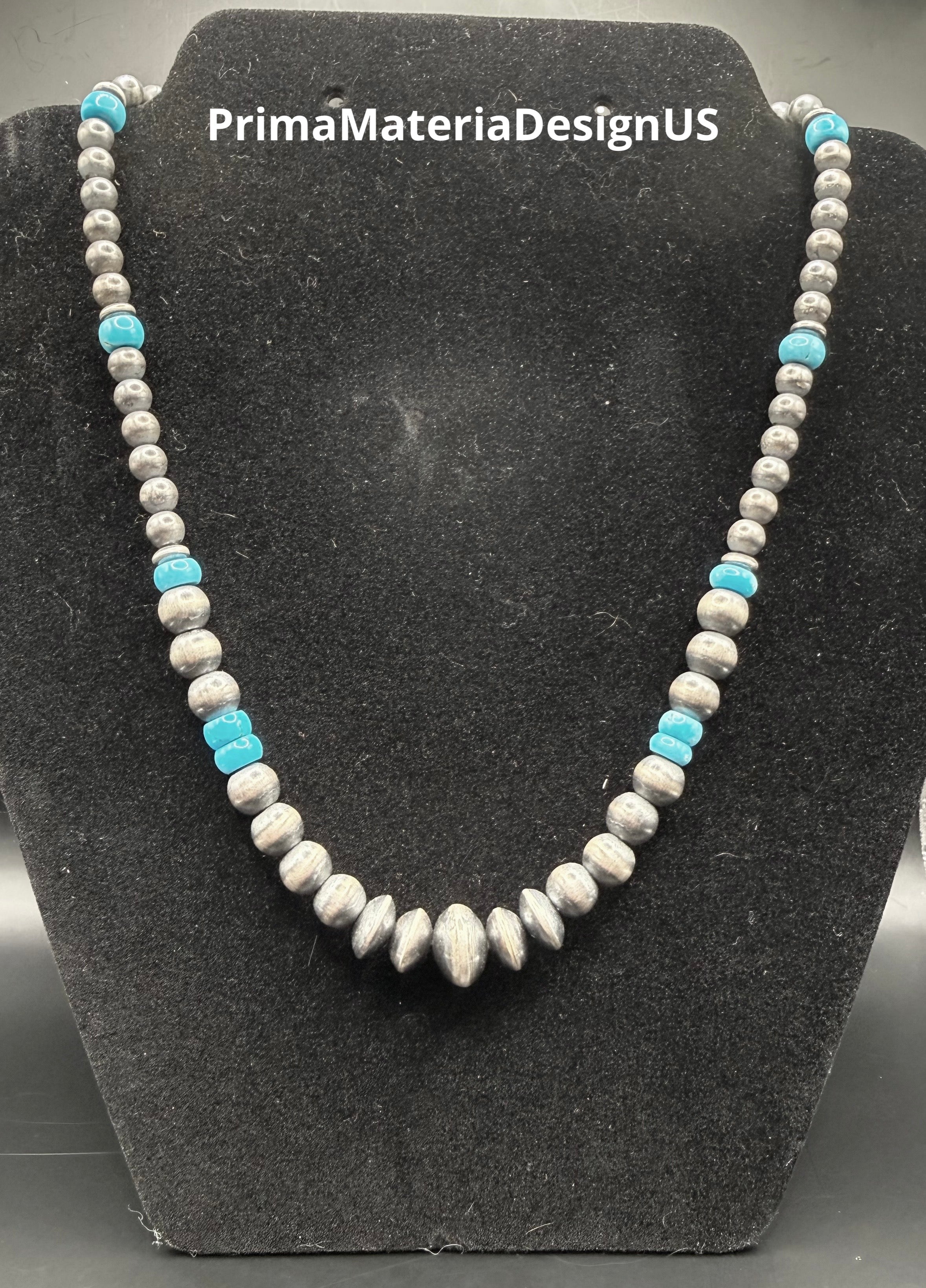 New - Genuine Sterling Silver Desert Pearls and Arizona Kingman Turquoise Necklace 18”-20”