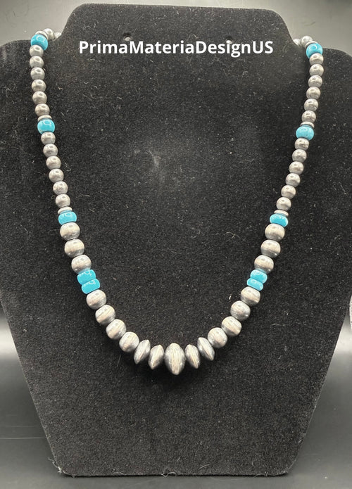 New - Genuine Sterling Silver Desert Pearls and Arizona Kingman Turquoise Necklace 18”-20”