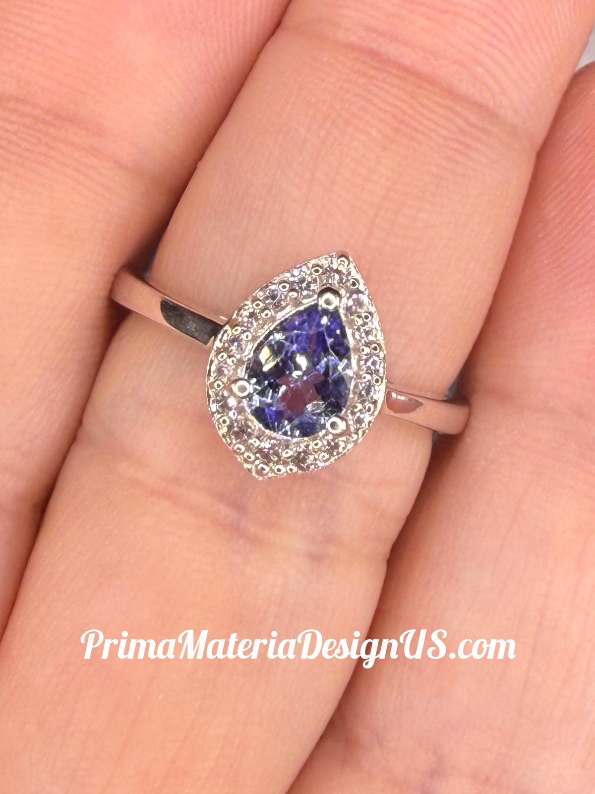 NEW - 1.03 Pear Cut Natural Tanzanite Halo Solitaire Solid Silver Ring - Local Jeweler Made - Size 7