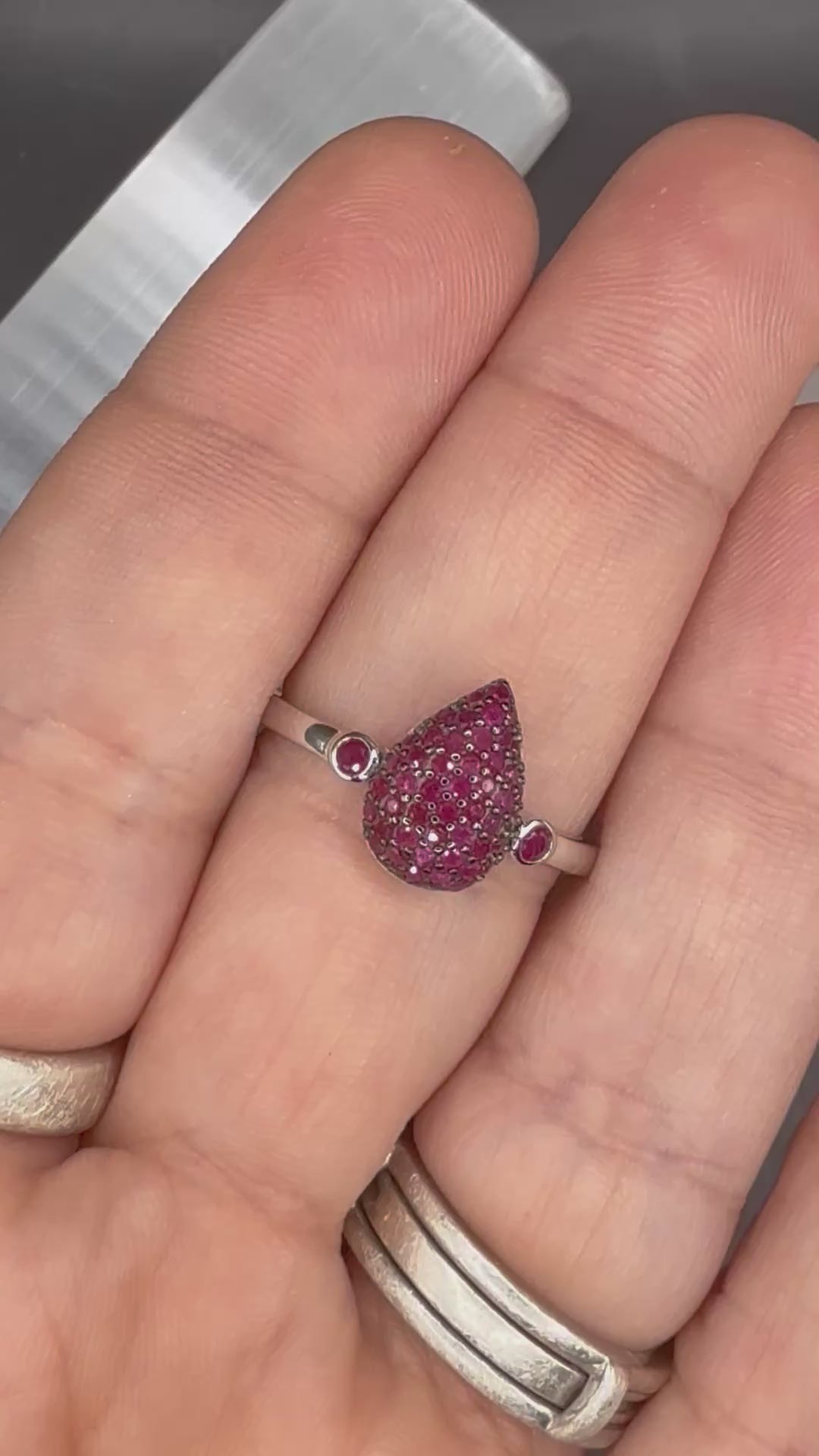 NEW - Natural Ruby Pave Set Drip Solid Silver Ring - Size 8