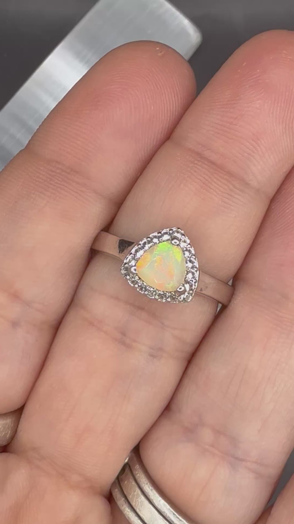 NEW - .76 Carat Trillion Shape Ethiopian Opal Solid Silver Halo Ring - Local Jeweler Made - Size 7