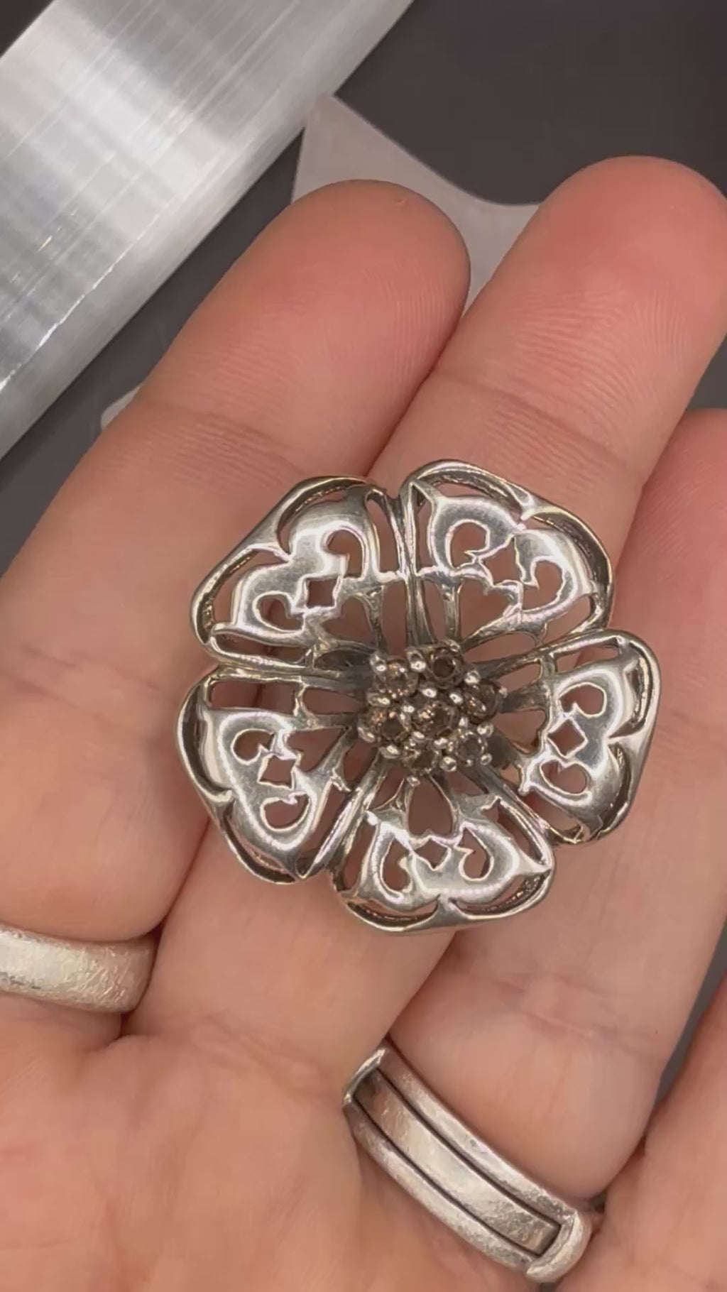 NEW - Large Sterling Silver Flower Statement Ring with Champagne CZ - Size 8