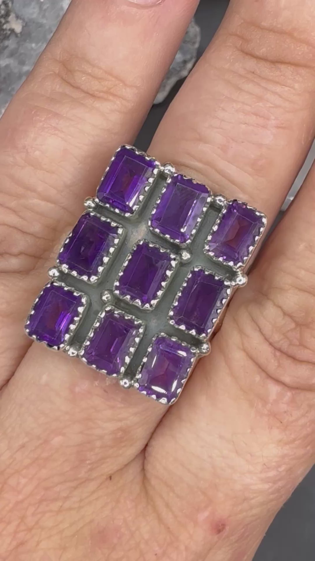 New - 9 Stone Natural Amethyst Sterling Silver Statement Ring - Size 10
