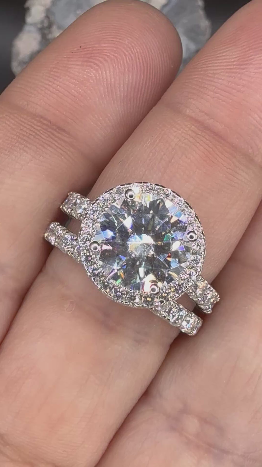 New - 5.97 Carat twt Brilliant Round Moissanite Halo Sterling Silver Engagement Set - Size 8