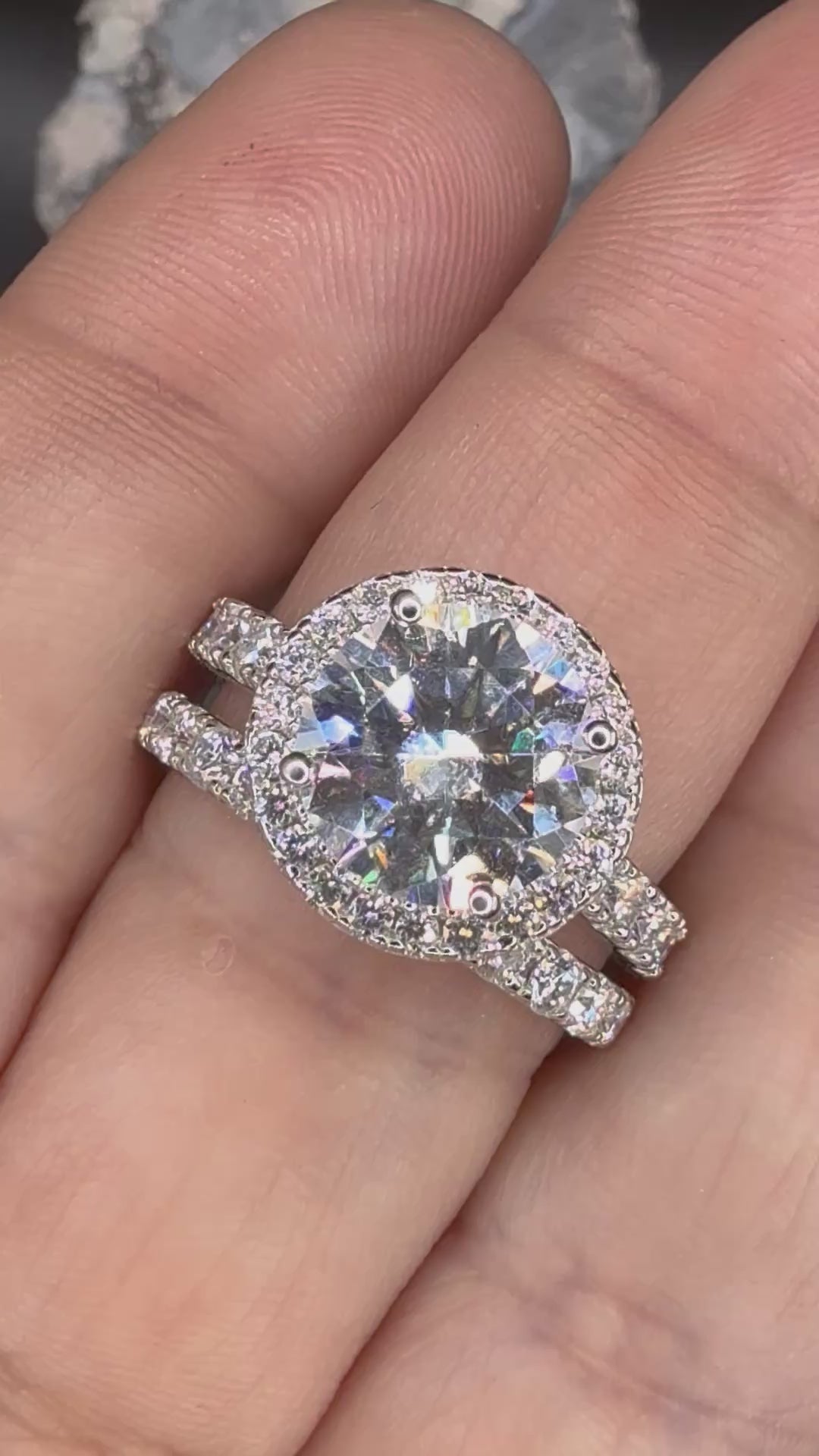 New - 5.97 Carat twt Brilliant Round Moissanite Halo Sterling Silver Engagement Set - Size 8