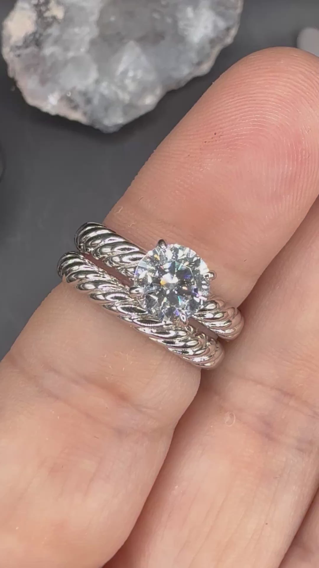 New - 1.2 Carat Brilliant Round Moissanite Sterling Silver Twisted Band Engagement Set - Size 6