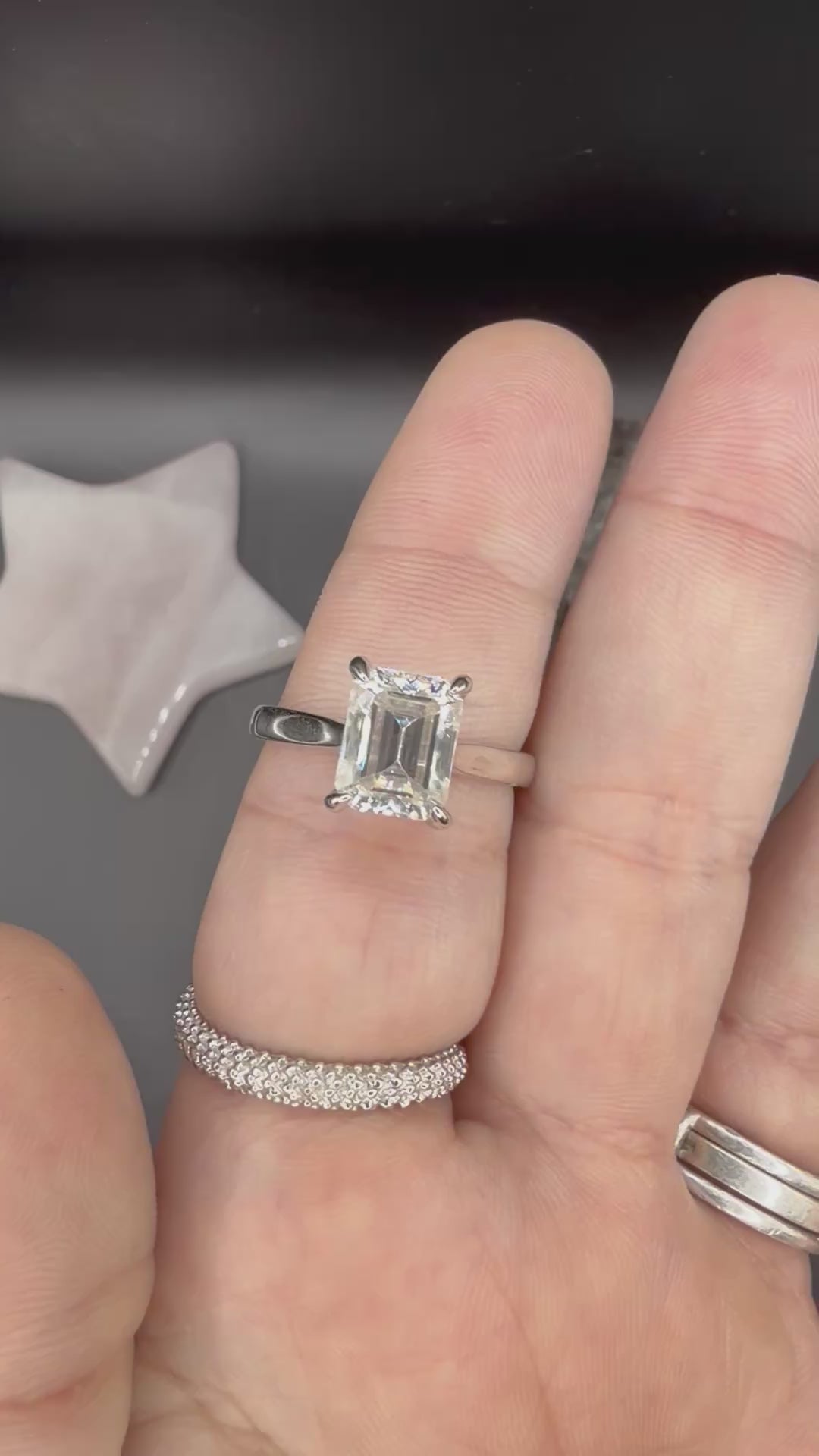 New - 3 Carat Emerald Cut Moissanite Solitaire Sterling Silver Engagement Ring - Size 8