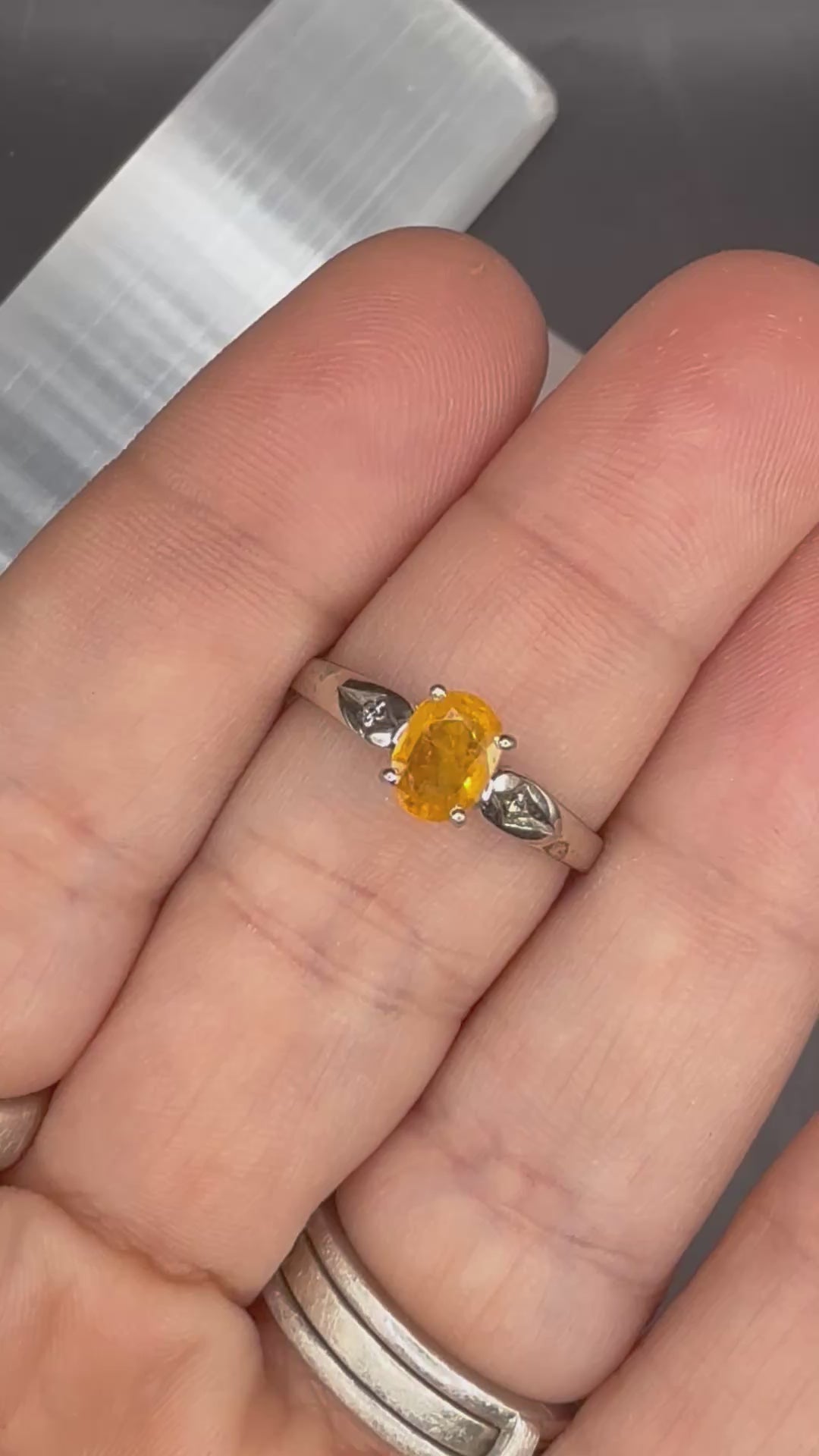 Vintage - Natural Yellow Sapphire Oval and Diamond Solid Silver Ring - Size 7.5