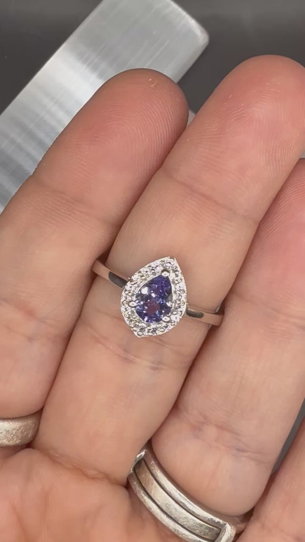 NEW - 1.03 Pear Cut Natural Tanzanite Halo Solitaire Solid Silver Ring - Local Jeweler Made - Size 7