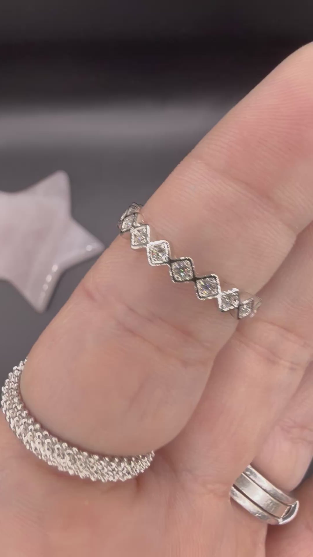 New - .31ct Diamond Shaped Moissanite Sterling Silver Eternity Ring - Size 6 and 7